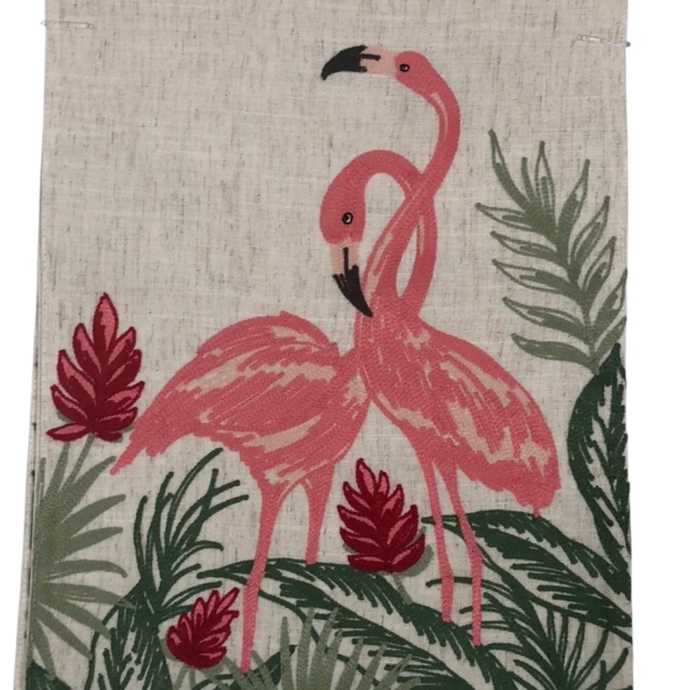 Pink Flamingos Tropical Ferns Beach Embroidered Neutral Linen Table Runner‎ NWT